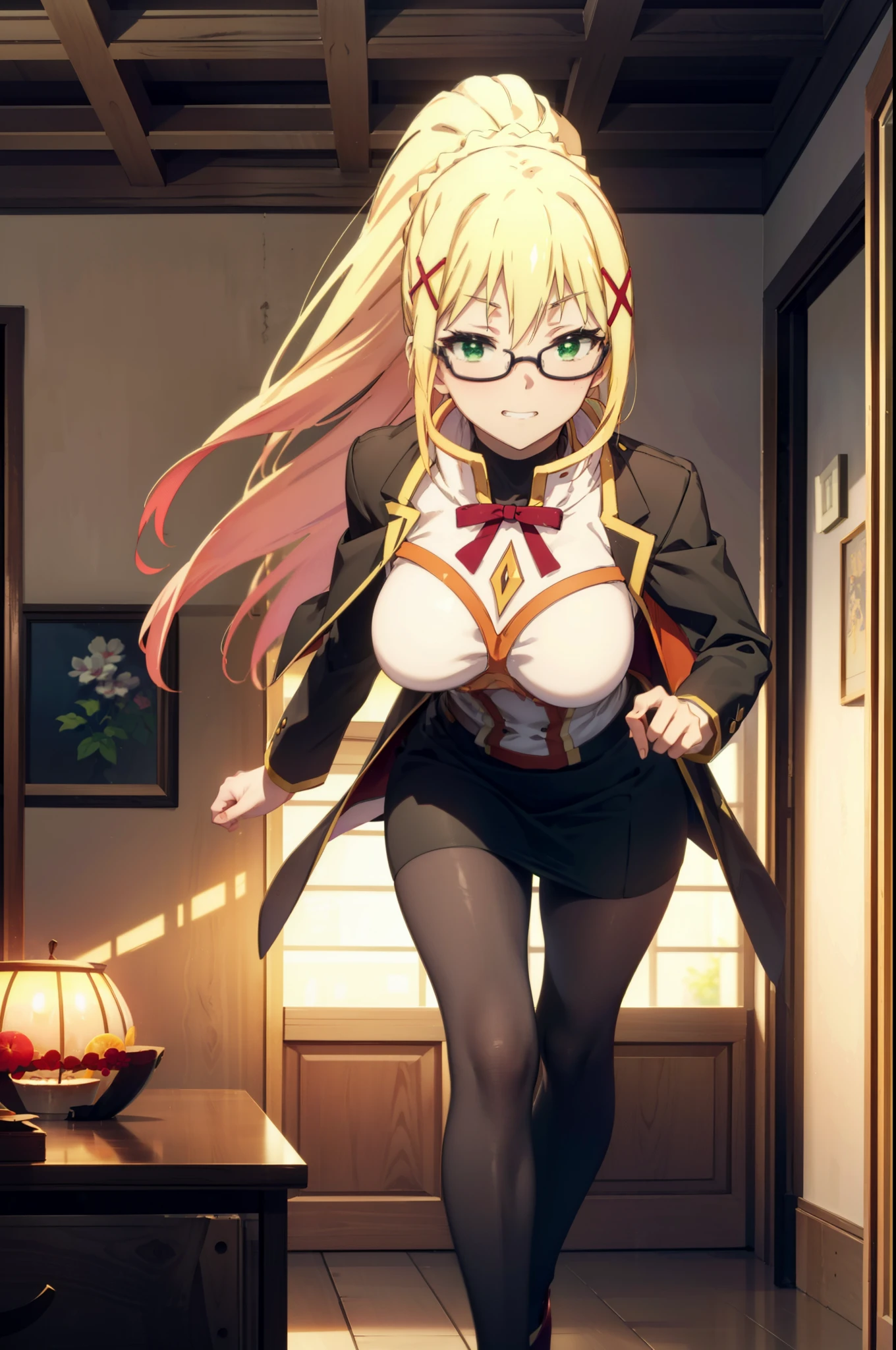 Lalatina Dusty Nesford, Lalatina Dustiness Ford, darkness \(KonoSuba\), Long Hair, (Green Eyes:1.3), Blonde, hair ornaments, ponytail, Braiding, x hair ornaments,Big Breasts,OL,Grin, Red glasses, black suit jacket, Collared jacket, White dress shirt, Collared shirt, Neckline, button, Black pencil skirt, Black pantyhose,Stiletto heels,Walking,whole bodyがイラストに入るように,Sunset,evening,The sun is setting,
break indoor, School　corridor,
break looking at viewer,whole body ,
break (masterpiece:1.2), highest quality, High resolution, unity 8k wallpaper, (figure:0.8), (Beautiful fine details:1.6), Highly detailed face, Perfect lighting, Highly detailed CG, (Perfect hands, Perfect Anatomy),