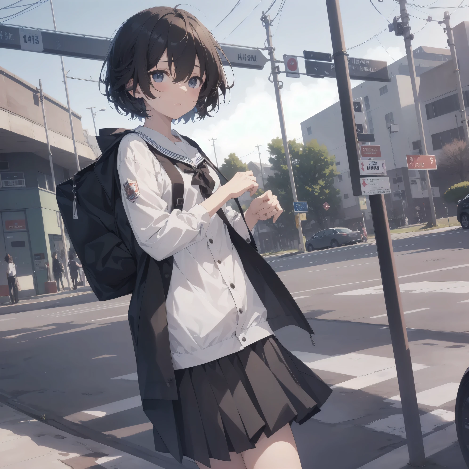 ultra-absurdres-Top quality by artist God, ultra-detailed, high resolution, anime moe artstyle, best anime 8k konachan wallpaper, pixiv contest winner, pool:2810, perfect anatomy,break, 1girl, (Please draw a girl walking sleepily to school alone. )break,(Solo,little female, 13-year-old:1.3),Full limbs, complete fingers,a junior high school student, (very short hair), short cut, flat chest, , small butt, small black eyes, beautiful detailed eyes, well-proportioned iris and pupils, expressive eyes, highres detailed hair, soft expression, salor school_uniform, sailor collar, serahuku, bow, pleated skirt,(Detailed Lighting), (Detailed background), in the School commute route. break,super detailed skin, Best cinematic lighting powered by famous artist, 8k,beauty illustration,photoshop_(medium),very aesthetic,break,((artist:houtengeki )), artist:clamp ,artist:carnelian ,artist:kantoku ,
