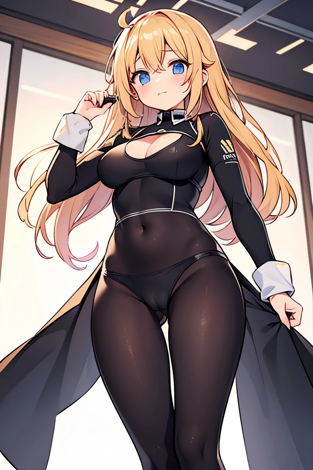 I looked up from my feet to see her wearing a grid girl costume with holes in it.,from below,cameltoe,looking at viewer