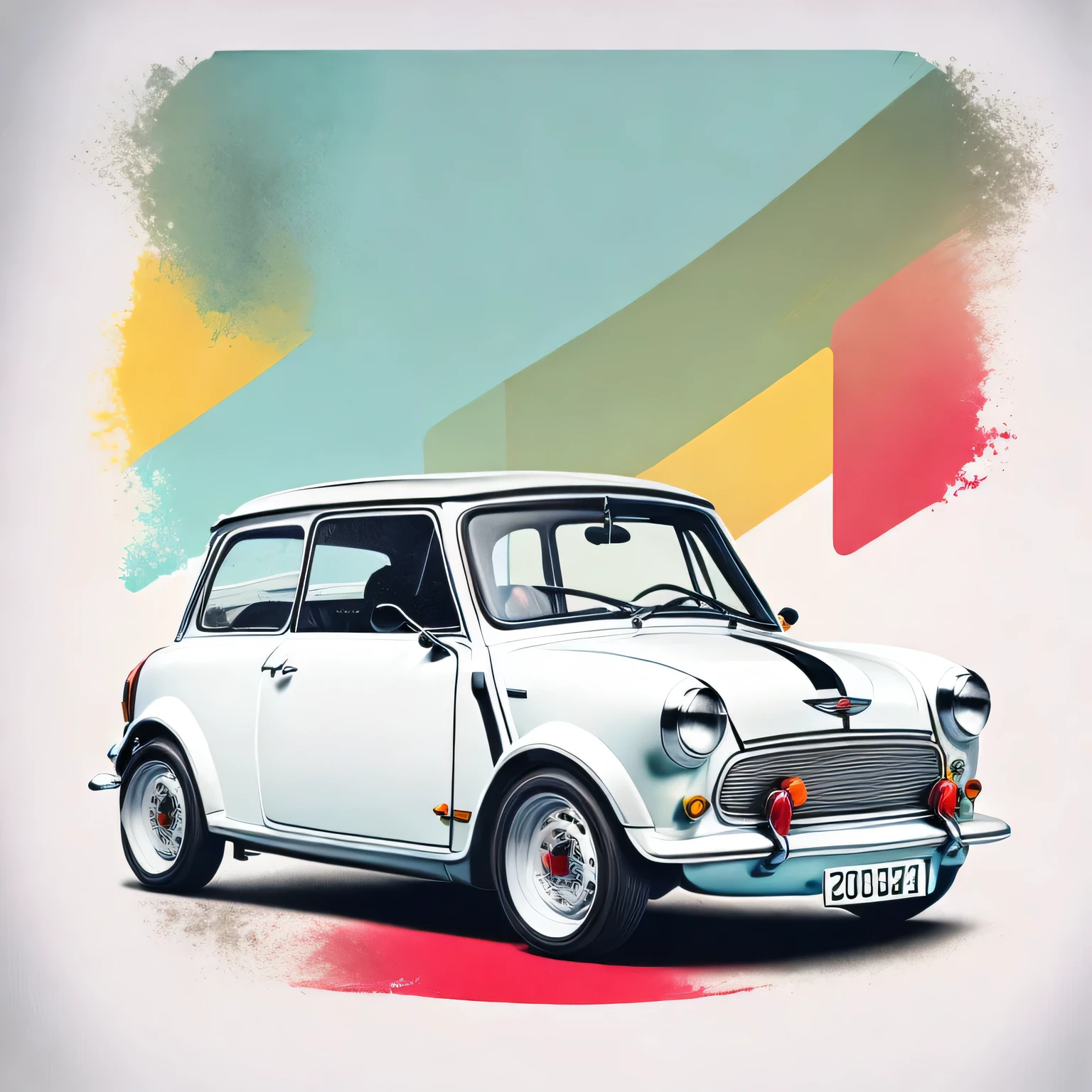 white classic Morris Mini Cooper S, T shirt design, faded edges, Modern background, Vibrant colours