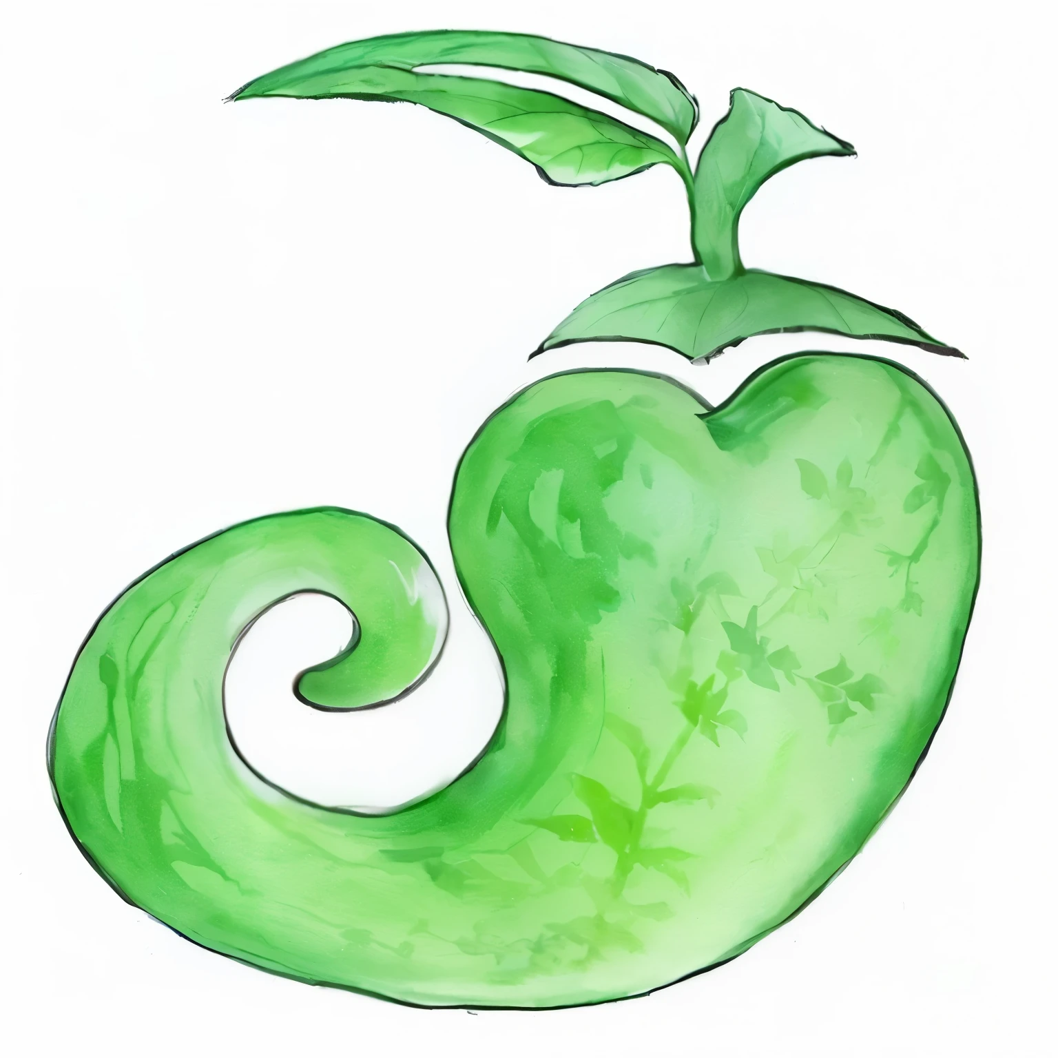 There is a green pepper in the painting,There is a leaf on it, Weed cutie mark, Inspired by Zhou Wentianchong, simple curvilinear watercolor, Plant elves, Inspired by Masamitsu Ōta, Plant monsters, apple, Inspired by Toshitomo Katsukawa, apple设计, Inspired by Shunsho Katsukawa