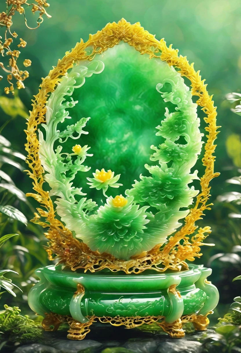 best quality, very good, 16K, ridiculous, Extremely detailed, Gorgeous golden trophy，Made of translucent jadeite, Background grassland（（A masterpiece full of fantasy elements）））， （（best quality））， （（Intricate details））（8k）