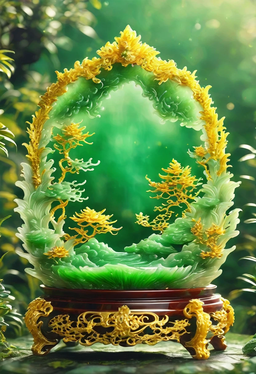 best quality, very good, 16K, ridiculous, Extremely detailed, Gorgeous golden trophy，Made of translucent jadeite, Background grassland（（A masterpiece full of fantasy elements）））， （（best quality））， （（Intricate details））（8k）