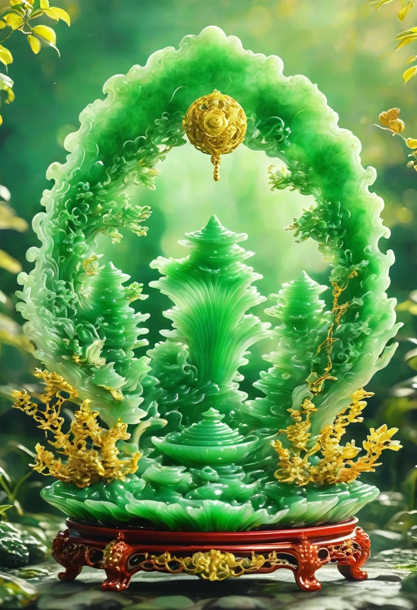 best quality, very good, 16K, ridiculous, Extremely detailed, Gorgeous golden trophy，Made of translucent jadeite, Background grassland（（A masterpiece full of fantasy elements）））， （（best quality））， （（Intricate details））（8k）