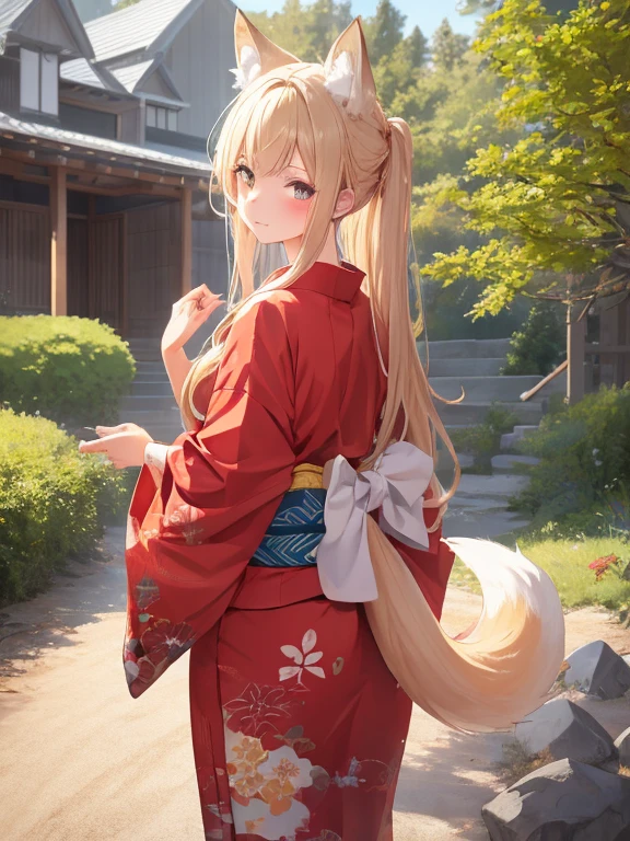 masterpiece, highest quality, Very detailed, 16k, Ultra-high resolution, Cowboy Shot, One -yeld gi Detailed face, Perfect Fingers, Fox Ears, tail, Golden Eyes, Blonde, Long Hair, Red kimono, japanese mansion, Japanese garden, be covered by a fence, Gravel road, Big Stone, Plants, take a walk