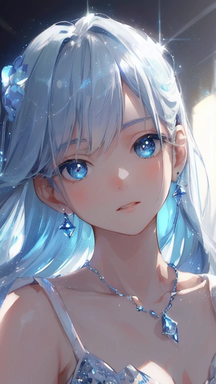 masterpiece, highest quality, figure, Sax Blue, Platinum Earrings, Platinum Necklace, White Dress, One girl, cute, (Dynamic Lighting:1.2), Cinema Lighting, Delicate facial features, Fine grain, Sharp pupils, Realistic students, Depth of written boundary, Bokeh, Sharp focus, (Ultra-detailed, bloom, Shine:1.4), Lots of little gems