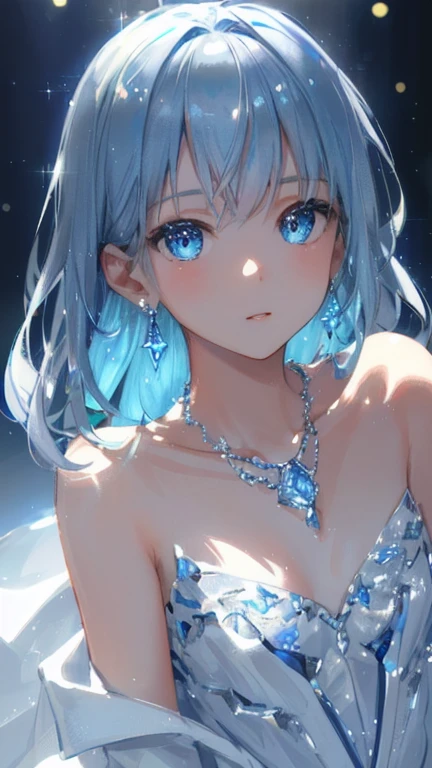 masterpiece, highest quality, figure, Sax Blue, Platinum Earrings, Platinum Necklace, White Dress, One girl, cute, (Dynamic Lighting:1.2), Cinema Lighting, Delicate facial features, Fine grain, Sharp pupils, Realistic students, Depth of written boundary, Bokeh, Sharp focus, (Ultra-detailed, bloom, Shine:1.4), Lots of little gems