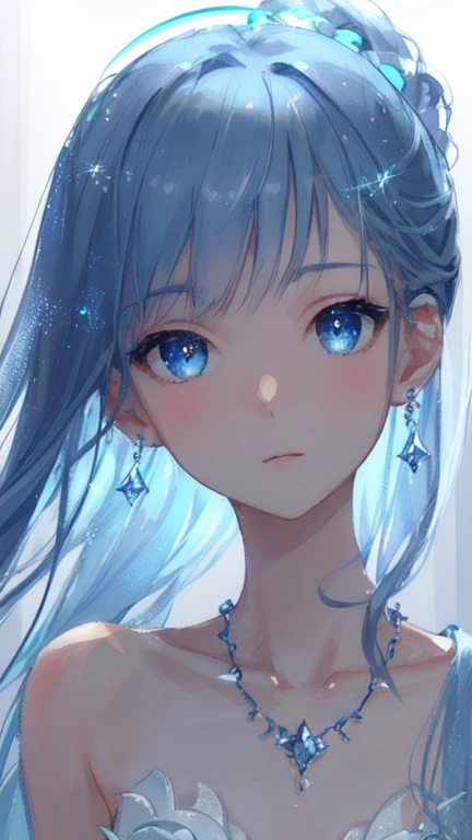 masterpiece, highest quality, figure, Sax Blue, Platinum Earrings, Platinum Necklace, White Dress, One girl, cute, (Dynamic Lighting:1.2), Cinema Lighting, Delicate facial features, Fine grain, Sharp pupils, Realistic students, Depth of written boundary, Bokeh, Sharp focus, (Ultra-detailed, bloom, Shine:1.4), Lots of little gems