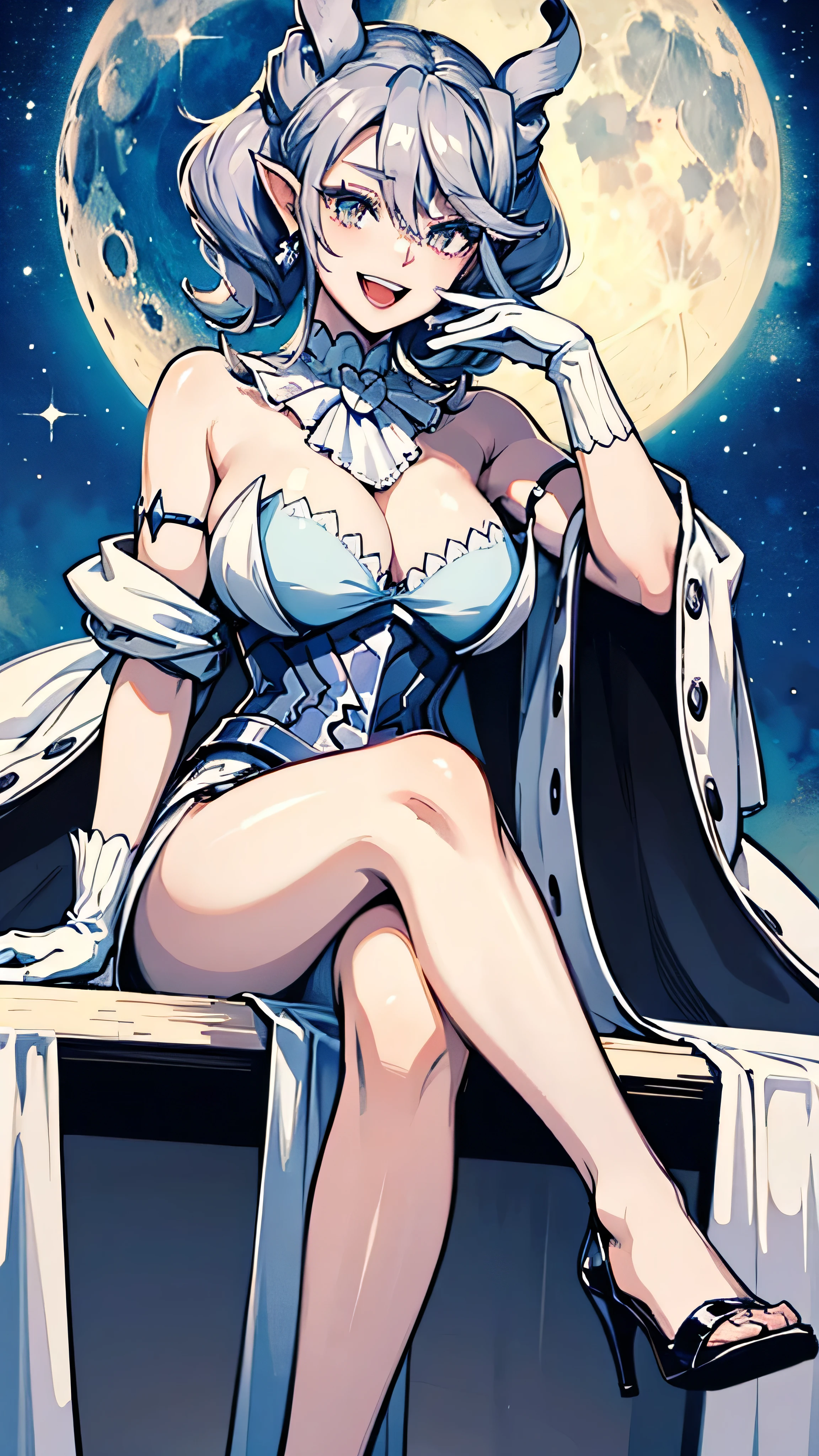 table top High level image quality best image quality 8K adult woman whole body portrait pure white long gloves(elbow gloves) white long dress(slit) white wolf ears short hair((shortcut)(gray hair)(perm)(fluffy)) eye color is red attractive evil face((smile)(open your mouth))nightfall moon sexy pose , crossed legs style in detailed , sitting, labrynth , beautiful and delicate high heels , view from below , very close up foot pov