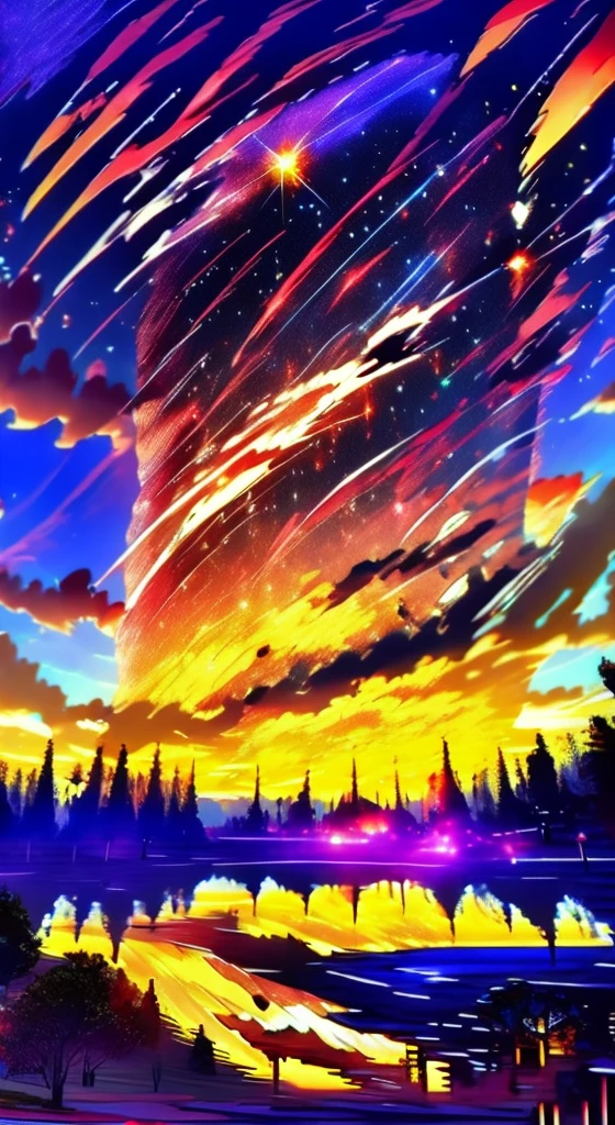 there is a beautiful sunset with a lake and trees in the background, colorful skies, surreal colors, colorful sunset, colorful sky, marvellous reflection of the sky, stunning sky, dream like atmosphere 8k, colorful clouds, colors reflecting on lake, surreal sky, red and blue reflections, fire reflection, beautiful sky, beautiful and spectacular dusk, beautiful dreamy landscape, amazing sky