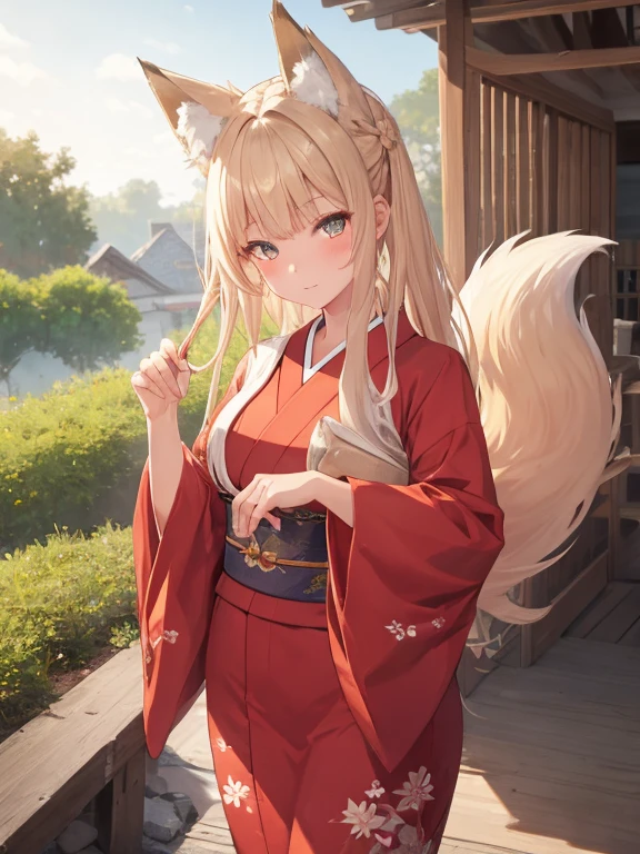 masterpiece, highest quality, Very detailed, 16k, Ultra-high resolution, Cowboy Shot, One 14-year-old girl, Detailed face, Perfect Fingers, Fox Ears, tail, Golden Eyes, Blonde, Long Hair, Red kimono, japanese mansion, wooden building, Japanese garden, Ishigaki, Gravel road, Big Stone, Plants, take a walk