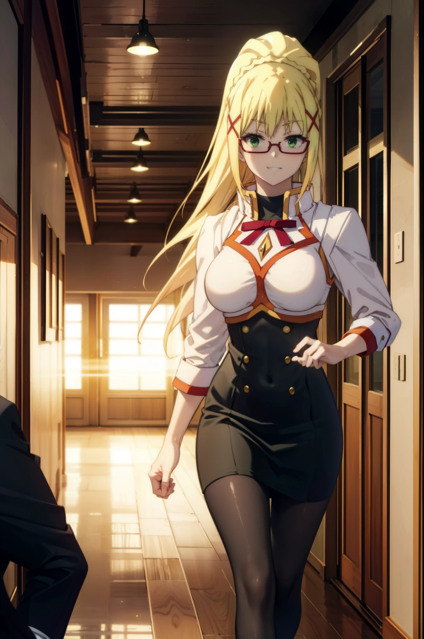 Lalatina Dusty Nesford, Lalatina Dustiness Ford, darkness \(KonoSuba\), Long Hair, (Green Eyes:1.3), Blonde, hair ornaments, ponytail, Braiding, x hair ornaments,Big Breasts,OL,Grin, Red glasses, black suit jacket, Collared jacket, White dress shirt, Collared shirt, Neckline, button, Black pencil skirt, Black pantyhose,Stiletto heels,Walking,whole bodyがイラストに入るように,Sunset,evening,The sun is setting,
break indoor, School　corridor,
break looking at viewer,whole body ,
break (masterpiece:1.2), highest quality, High resolution, unity 8k wallpaper, (figure:0.8), (Beautiful fine details:1.6), Highly detailed face, Perfect lighting, Highly detailed CG, (Perfect hands, Perfect Anatomy),