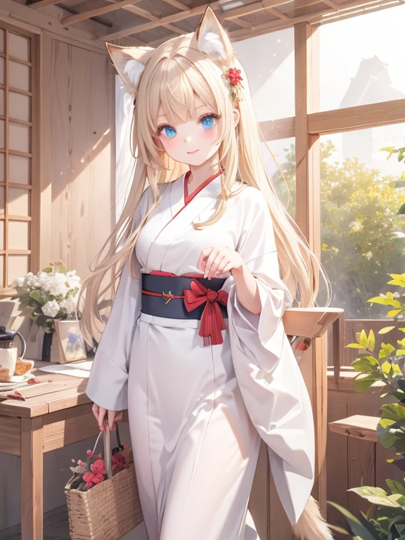 masterpiece, highest quality, Very detailed, 16k, Ultra-high resolution, Cowboy Shot, One -yeld gi Detailed face, Perfect Fingers, Fox Ears, tail, Golden Eyes, Blonde, Long Hair, Red kimono, japanese mansion, wooden building, Japanese garden, Ishigaki, Gravel road, Big Stone, Plants, take a walk