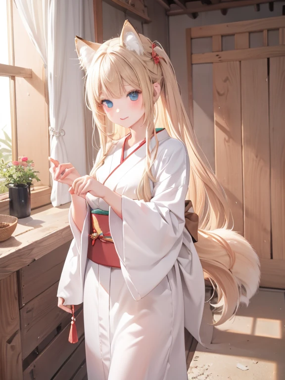 masterpiece, highest quality, Very detailed, 16k, Ultra-high resolution, Cowboy Shot, One 14-year-old girl, Detailed face, Perfect Fingers, Fox Ears, tail, Golden Eyes, Blonde, Long Hair, Red kimono, japanese mansion, wooden building, Japanese garden, Ishigaki, Gravel road, Big Stone, Plants, take a walk