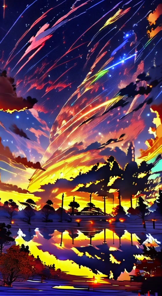 there is a beautiful sunset with a lake and trees in the background, colorful skies, surreal colors, colorful sunset, colorful sky, marvellous reflection of the sky, stunning sky, dream like atmosphere 8k, colorful clouds, colors reflecting on lake, surreal sky, red and blue reflections, fire reflection, beautiful sky, beautiful and spectacular dusk, beautiful dreamy landscape, amazing sky