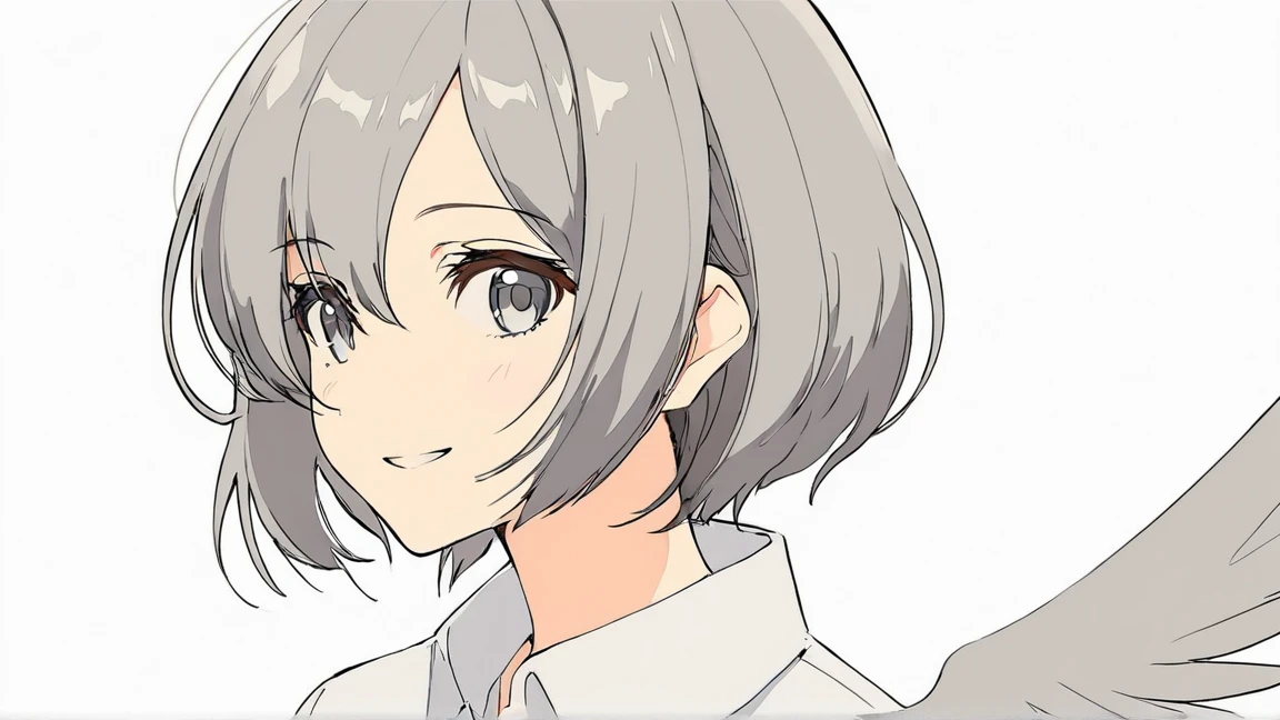 masterpiece,highest quality,One girl, 一人in, upper_body, smile, gray_eye, Ahoge, 前hair, short_hair, Eyebrow_appear_Through_hair, wing_collar, white_shirt, Looking_in_Audience, Simple_background, white_background