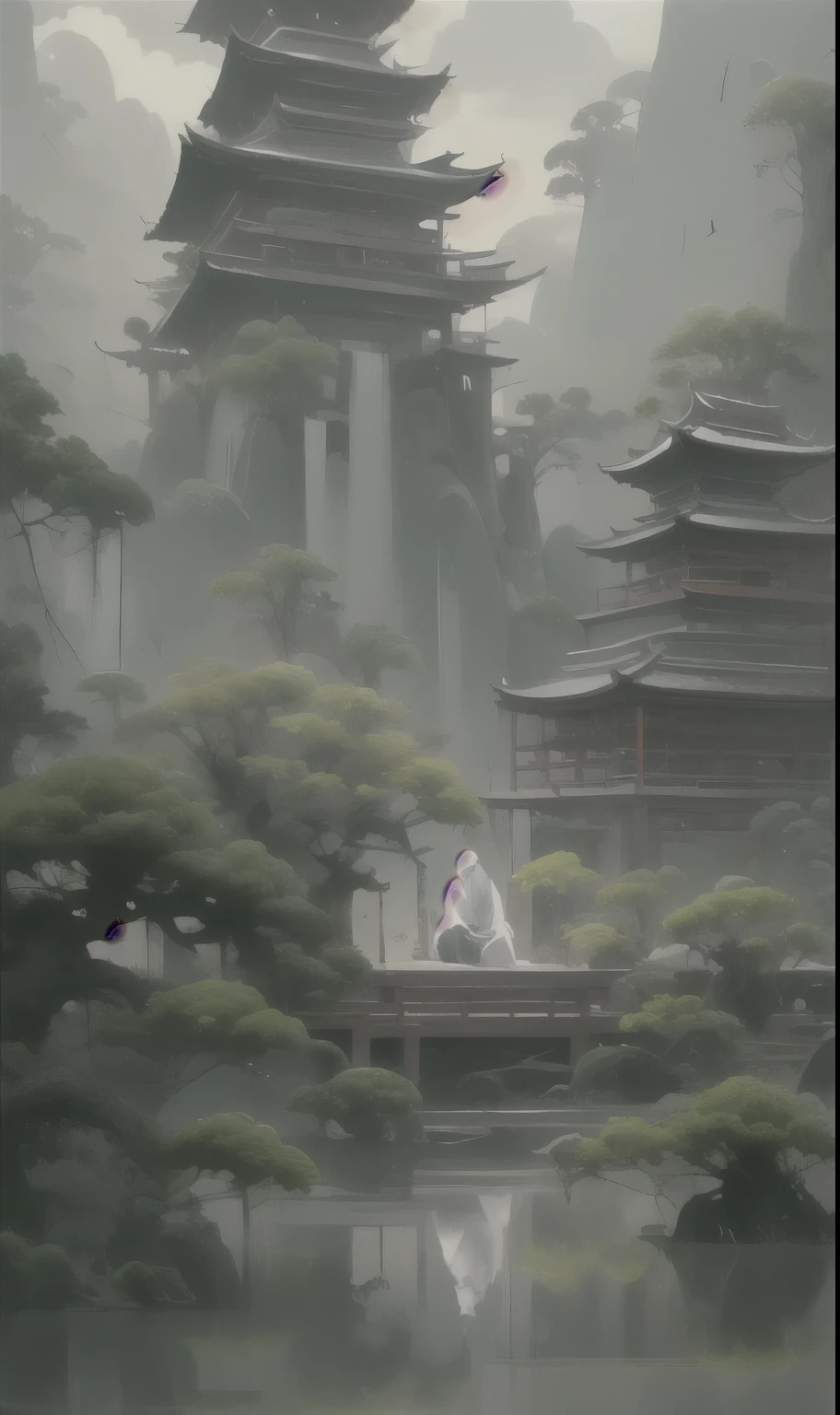 Painting in the style of oriental painting, Matte style, Structured、Atmospheric landscape, Rich and immersive, Quietly meditate, Dark white and green, , inspired by zen, Massive，Rich in details, Dynamic, Movie, amazing, Practical lighting and shading, vivid, Energetic, 8k,Octane Rendering, Unreal Engine, Very detailed, concept art, Practical, Crying Engine, wide angle lens very long hair white hair East Asia architecture building pagoda scenery pine trees outdoors bridge water reflection fog boat pond moss
