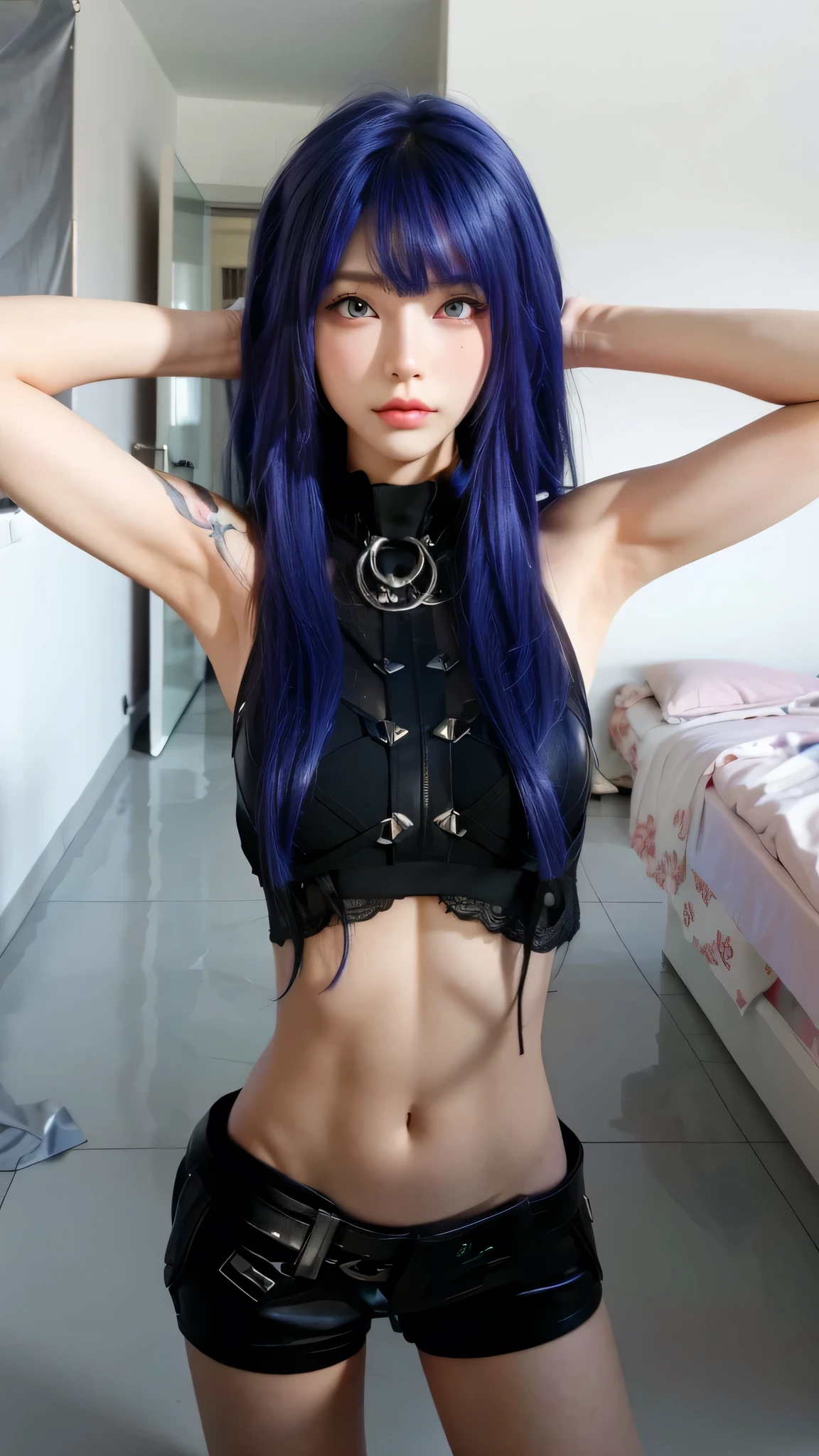 Game Art,Best image quality,Maximum resolution,8k,(A half-length photo),(portrait),(Head close-up),(Rule of Thirds),Unreal Engine 5 rendering works,20 year old girl,((Queen)),The eyes are very detailed,(Large Breasts),Elegant and noble,Light,Light line tracing,Game CG,((3D Unreal Engine)),OC rendering reflection mode,4K,Ultra-clear,Sensual,Translucent lace,Fair and plump figure,Pretty Face,Light Gel Coat,The Queen in a luxurious dress,Crystal Gem Crown,Necklace jewelry,blue eyes,Black tattoo(whole body),The tattoo is very three-dimensional,Gorgeous and intricate tattoo designs,Ultra-clear portrait,Sexy body,Put your hands behind your head,Fitness athletes,There are muscles on the body,Clear muscle lines,Eight-pack abs,V-shaped abdominal muscles,The arms have muscles(Biceps),Wear tight leather pants,Wear black pants