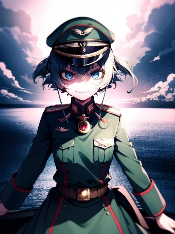 Degurechaff, military uniform, smile, teen, blue eyes, psychotic eyes, detailed face, vibrant colors, sharp focus, intense lighting, surrealistic atmosphere, wartime setting, magical elements