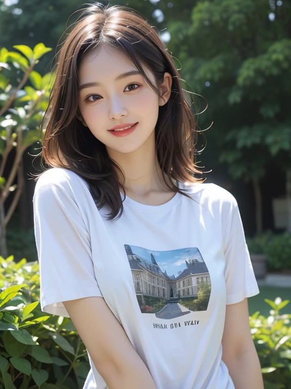 Tabletop, highest quality, figure, Very detailed, In detail, High resolution, 8k wallpaper, Perfect dynamic composition, Beautiful fine details, T-Shirts,Medium Hair, , Natural color lip, Random sexy poses,smile,garden,30-year-old woman,