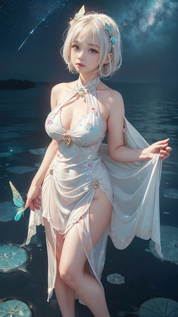 chibi,baby face,white hair,blush,heart-shaped_pupils,pout,slender_waist,maid,huge filesize,wallpaper,((Beautiful butterflies in detail)),((Beautiful stars in detail)),(((halter dress ))),particle,(Starry sky in beautiful detail),(Hazy fog),(Ruins of beautiful details),(((Standing on the surface of the sea))),