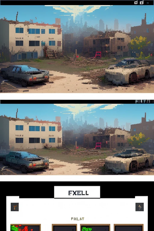 pixel art game style, pixel perfect with 32 colors, angled top-down view, post apocalypse style, damaged housing neighborhood with playground,
