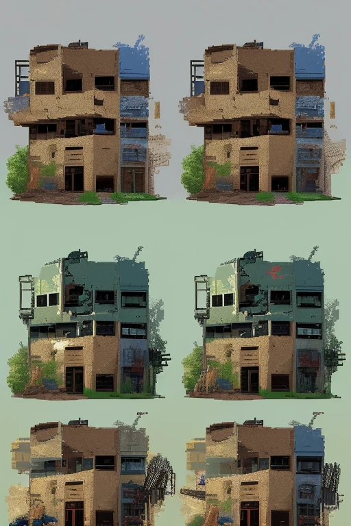 pixel art game style, pixel perfect with 32 colors, angled top-down view, post apocalypse style, damaged housing neighborhood with playground,