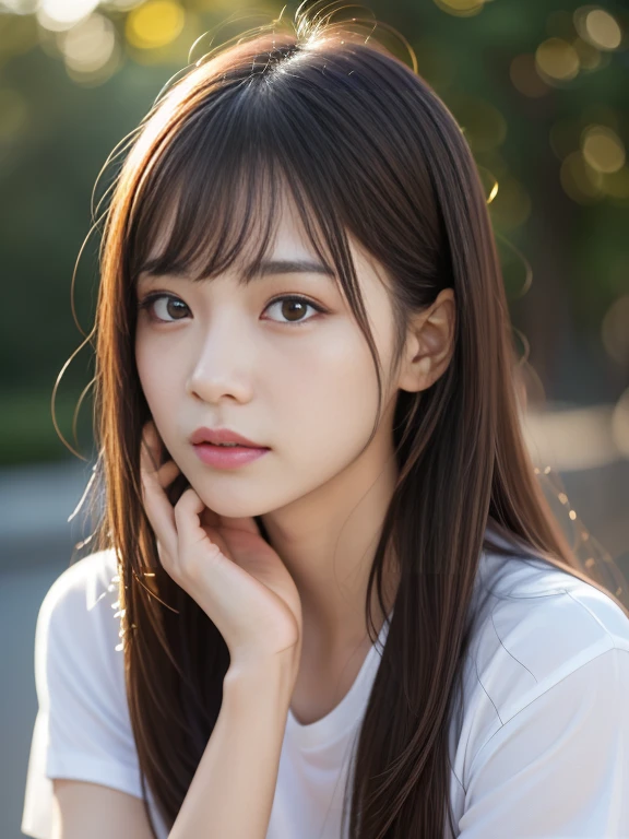 Dressed、(Photo realistic:1.4)、(Surreal:1.4)、(Real Stick:1.3)、
(Smoother lighting:1.05)、(映画の照明Improvement of quality:0.9)、32k、
One girl、19 years old、Realistic lighting、Backlight、Facial Light、Ray-tracing、(Bright light:1.2)、(Improvement of quality:1.4)、
(Highest quality real texture skins)、Beautiful Eyes、Detailed painted face、
(tired, Sleepy and satisfied:0.0)、Close-up face、T-Shirts、
(Improve your body line mood:1.1)、Glowing Skin、actress、Korean Idols、Nogizaka Idol、Gravure idol pose