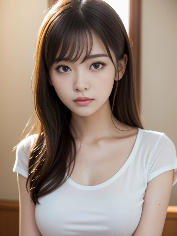 Dressed、(Photo realistic:1.4)、(Surreal:1.4)、(Real Stick:1.3)、
(Smoother lighting:1.05)、(映画の照明Improvement of quality:0.9)、32k、
One girl、19 years old、Realistic lighting、Backlight、Facial Light、Ray-tracing、(Bright light:1.2)、(Improvement of quality:1.4)、
(Highest quality real texture skins)、Beautiful Eyes、Detailed painted face、
(tired, Sleepy and satisfied:0.0)、Close-up face、T-Shirts、
(Improve your body line mood:1.1)、Glowing Skin、actress、Korean Idols、Nogizaka Idol、Gravure idol pose