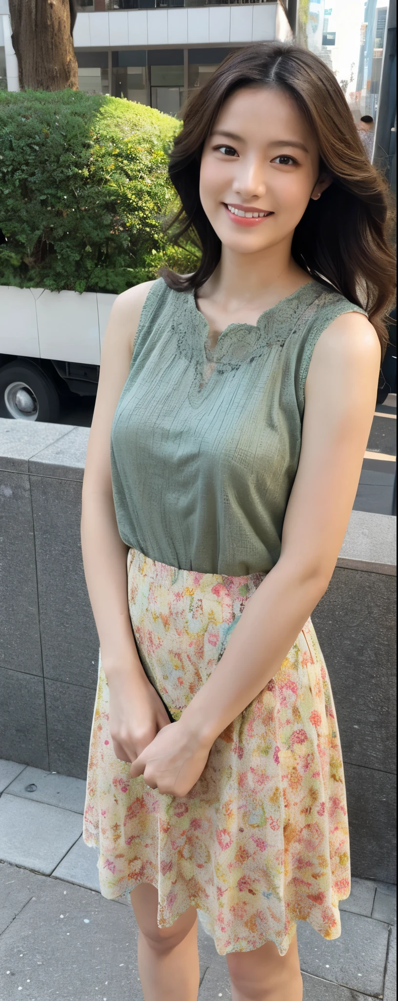 masuterpiece, Best Quality, Illustration, Ultra-detailed, finely detail, hight resolution, 8K Perfect dynamic composition, from front, full body, Beautiful detailed eyes, Medium wavy Hair, wearing unadorned sleeveless blouse:1.2, long skirt, sandals, make up:1.1, Random poses,Smile, Omotesando Street Walk, 28 years girl