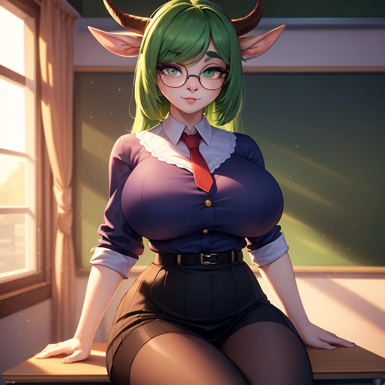 1girl, solo, 25 year old very attractive woman, (furry satyr:1.3), freckles, thick eyebrows, large breasts, small waist, (teacher clothes:1.4), green hair, furry legs, beautiful makeup, lipstick, long lashes, thin, thick glasses, sultry, tights, teacher, in classroom, beautiful eyes, (masterpiece, high resolution, ultra detailed eyes, ultra realistic, beautiful lighting, 4K, 8k, highly detailed)