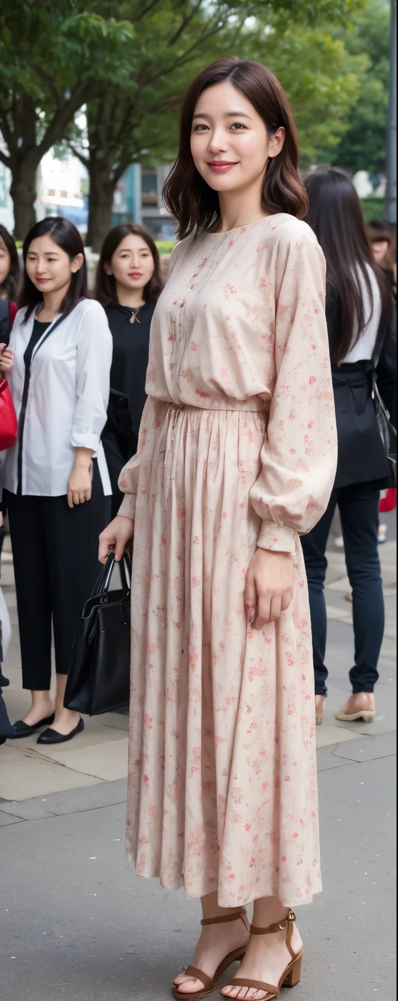 masuterpiece, Best Quality, Illustration, Ultra-detailed, finely detail, hight resolution, 8K Perfect dynamic composition, from front, full body, Beautiful detailed eyes, Medium wavy Hair, wearing unadorned long sleeve blouse:1.2, long skirt, sandals, make up:1.1, Random poses,Smile, Omotesando Street Walk, 28 years girl