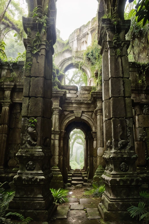 ancient ruins in a tropical jungle,stone ruins covered in vines,majestic stone pillars standing tall in the overgrown vegetation