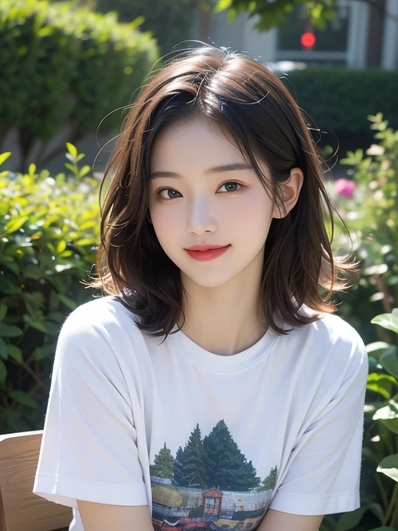Tabletop, highest quality, figure, Very detailed, In detail, High resolution, 8k wallpaper, Perfect dynamic composition, Beautiful fine details, T-Shirts,Medium Hair, , Natural color lip, sit,smile,garden,30-year-old woman,
