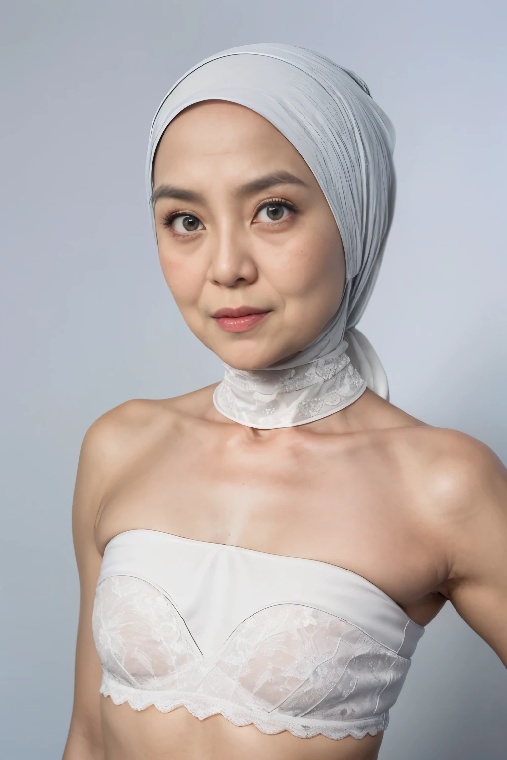 (((old lady:1.4))), ((SHORT HIJAB)), ((Flat chest:1.7)), (dynamic photograph of a 58 year old Indonesian woman), (slim top, cotton panties), (straight non curly hair), (highly detailed face:1.4), (vascular muscles and abs:1.3), (background inside light, bright, private gym:1.1), (8k, uhd, dslr, high quality, cinematic lighting, bokeh), (dramatic, award winning photography, incredible masterpiece:1.3), (((sexy sultry stare at camera:0.8))), close up, ((she is ready to dominate you:0.5)), ((beautiful feminine face)) (she is a champion MMA fighter), add_detail:1, ((Wearing strapless pastel)) lace white & white , from behind view, seductive pose 