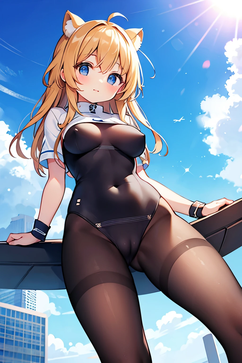 I looked up from my feet to see her wearing a grid girl costume with holes in it.,from below,cameltoe,looking at viewer