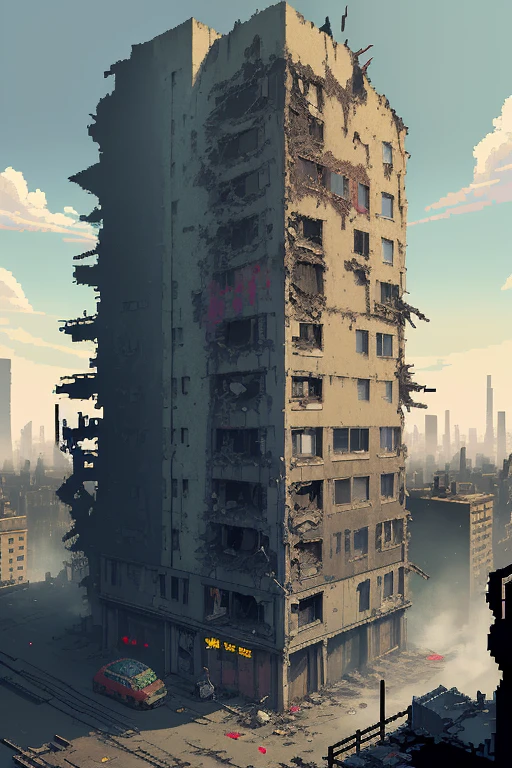 pixel art game style, pixel perfect with 32 colors, angled top-down view, post apocalypse style, damaged city residential buildings