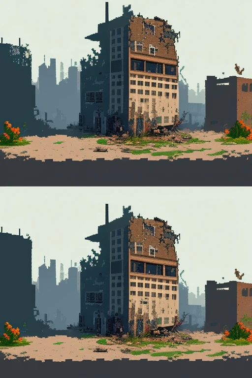 pixel art game style, pixel perfect with 32 colors, angled top-down view, post apocalypse style, damaged city residential buildings
