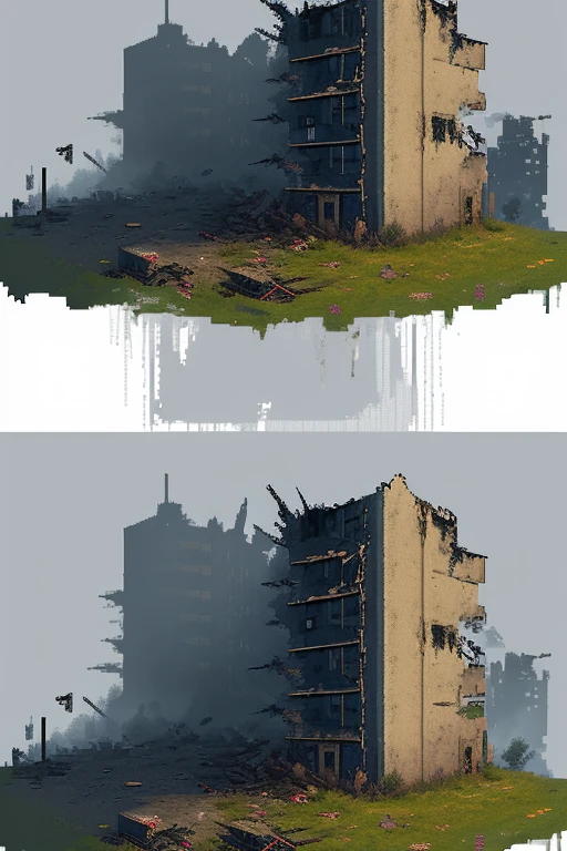 pixel art game style, pixel perfect with 32 colors, angled top-down view, post apocalypse style, damaged city residential buildings
