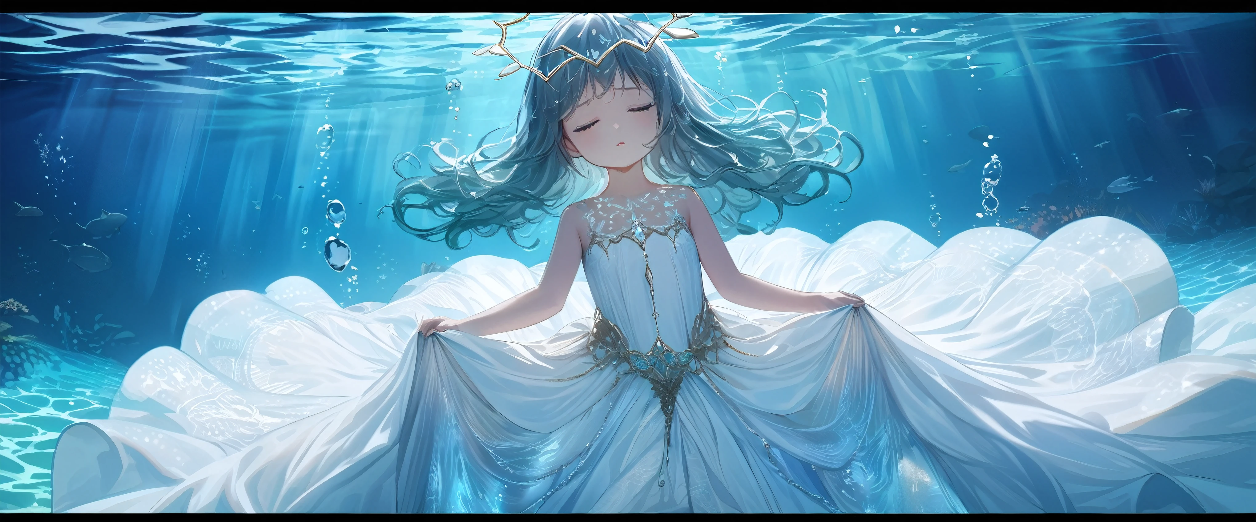 (Dramatic angle,Dynamic angle), (best quality,4k,8k,highres,masterpiece:1.2), (A 7 year old girl:1.2), (Very young little girl), (alone), (small breasts), eyes closed, original photo, Atmospheric distance perception, Aesthetic, complex, won, cybernetic enhancement, chiaroscuro, best quality, Detailed background, (underwater atmosphere:1.2), (girl wearing white very long silk dress:1.2),Beneath the surface, the little girl's world turns serene, her bare feet no longer touching the sandy floor. Her gown, a canvas of white, billows around her like a cloud, the skirt expanding in an underwater ballet. Each layer of the dress' skirt, light as gossamer, flutters with the subtle currents, creating a silent, slow-motion spectacle,The fabric, once structured by the air, now undulates with the water's caress, its folds and flounces taking on a life of their own. The skirt's hem, once brushing against the beach, now sways with the rhythm of the aquatic realm, its edges rippling like the softest of waves. The dress, once a terrestrial adornment, has transformed into an aquatic masterpiece, its white a stark contrast to the deep blues and greens that surround it,As she sinks deeper, the dress' skirt envelops her in a cocoon of elegance, the delicate fabric floating around her like a halo of lace and tulle. Tiny bubbles escape from the dress's folds, adding a sparkling (embellishment) to the underwater scene. The light filtering through the water above casts a soft, ethereal glow through the translucent skirt, highlighting the intricate patterns of the fabric as it moves with the flow of the water.
Her hair, like a dark halo, fans out around her head, mingling with the floating strands of her dress, creating a vision of harmony between the girl and the aquatic environment. The little girl, a vision of innocence and grace, becomes one with the water, her white dress a symbol of purity amidst the depths.