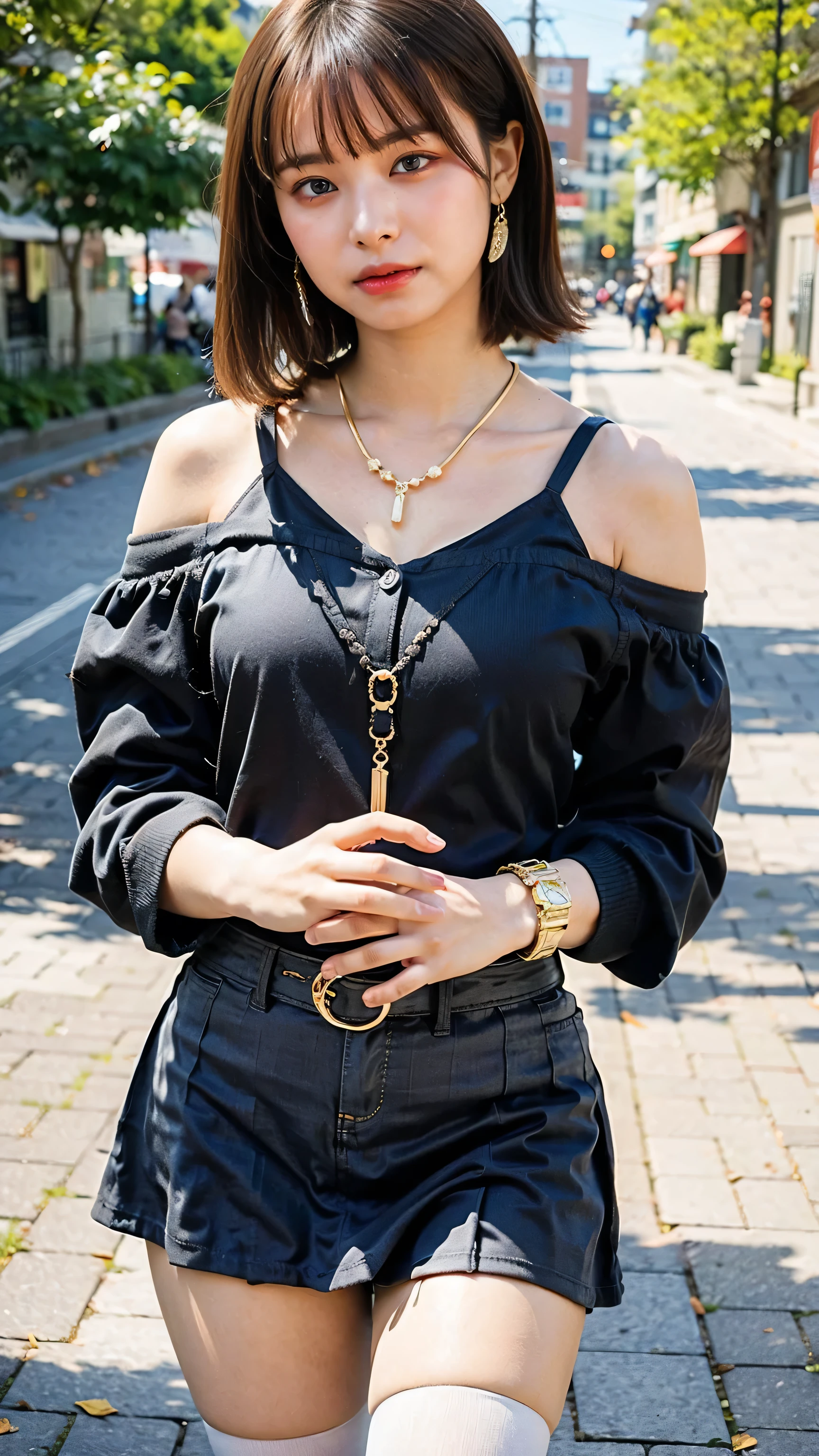 (8k、RAW Photos、highest quality、masterpiece:1.2)、(Realistic、Realistic)、1 girl、((Black Mini Skirt、Off the shoulder、Blue Eyes、See-through、Gold Bracelet、Gold Jewelry、Semi-long hair、smile、Knee socks、Standing with hands on hips))、Lots of eyelashes、Glowing eyelids、skeletally correct