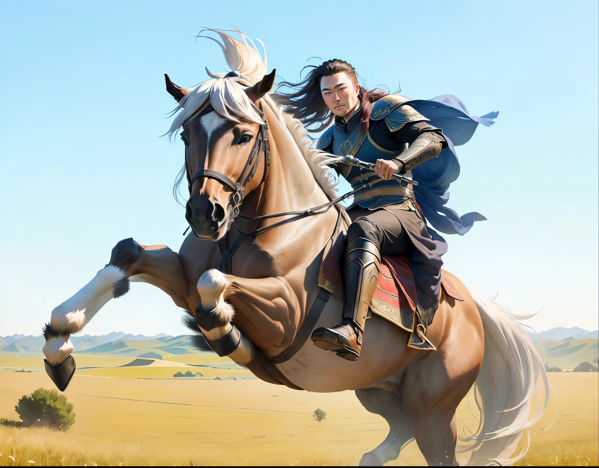 there is a man riding a horse in a field, ancient mongolian elon musk, xianxia hero, （（Mongols））（Complete horse leg）grassland，Medium photography（Clear facial details），8K，Beautiful picture quality，Lots of details