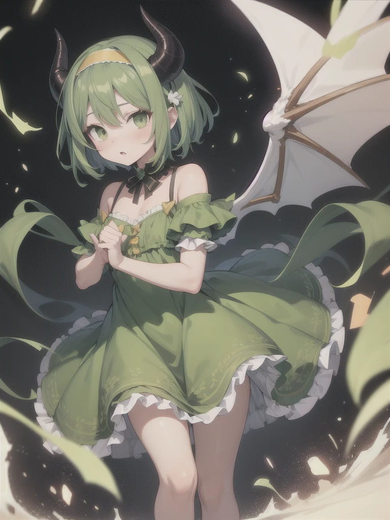 PADastaroth, wings, green hair, hairband, short hair, dress, frills, green eyes, green dress, demon horns, standing