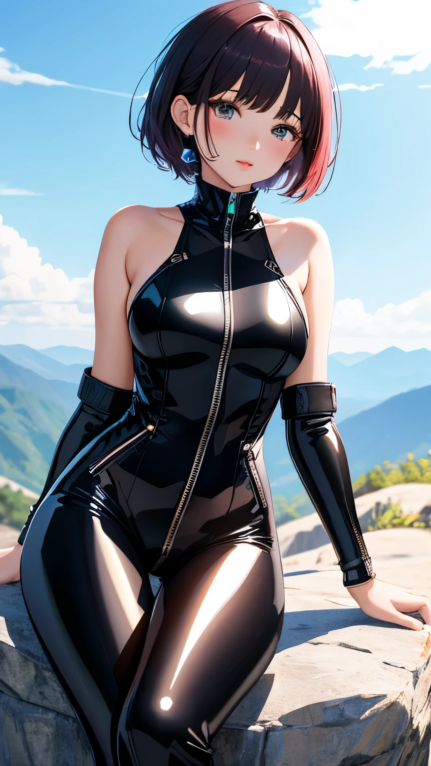 best quality, 1girl, masterpiece ultra detailed, illustration, yang guifei, glossy lips, blush, lips parted, short hair, sitting, on a rock, bodysuit, catsuit, zipper, collarbone, knee bent