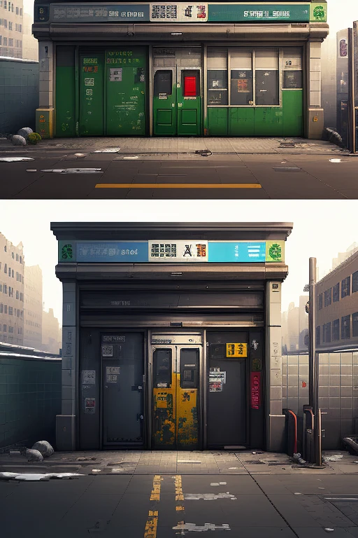 pixel art game style, pixel perfect with 32 colors, angled top-down view, post apocalypse style, damaged subway station