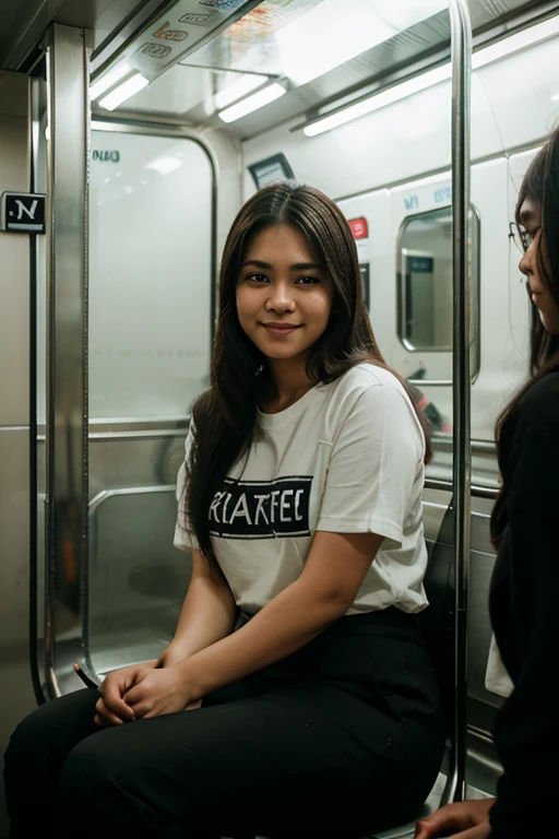 Candid photography of an Indonesian girl, wearing thick clothes, thick trousers, long hair, neutral smiling expression sitting in the subway mirror, there is a reflection of her upper body frame clearly visible, there is text on the bottom left glass written "AWE KREATOR" clearly written, well spelled and correct with very realistic UHD cinematic lighting