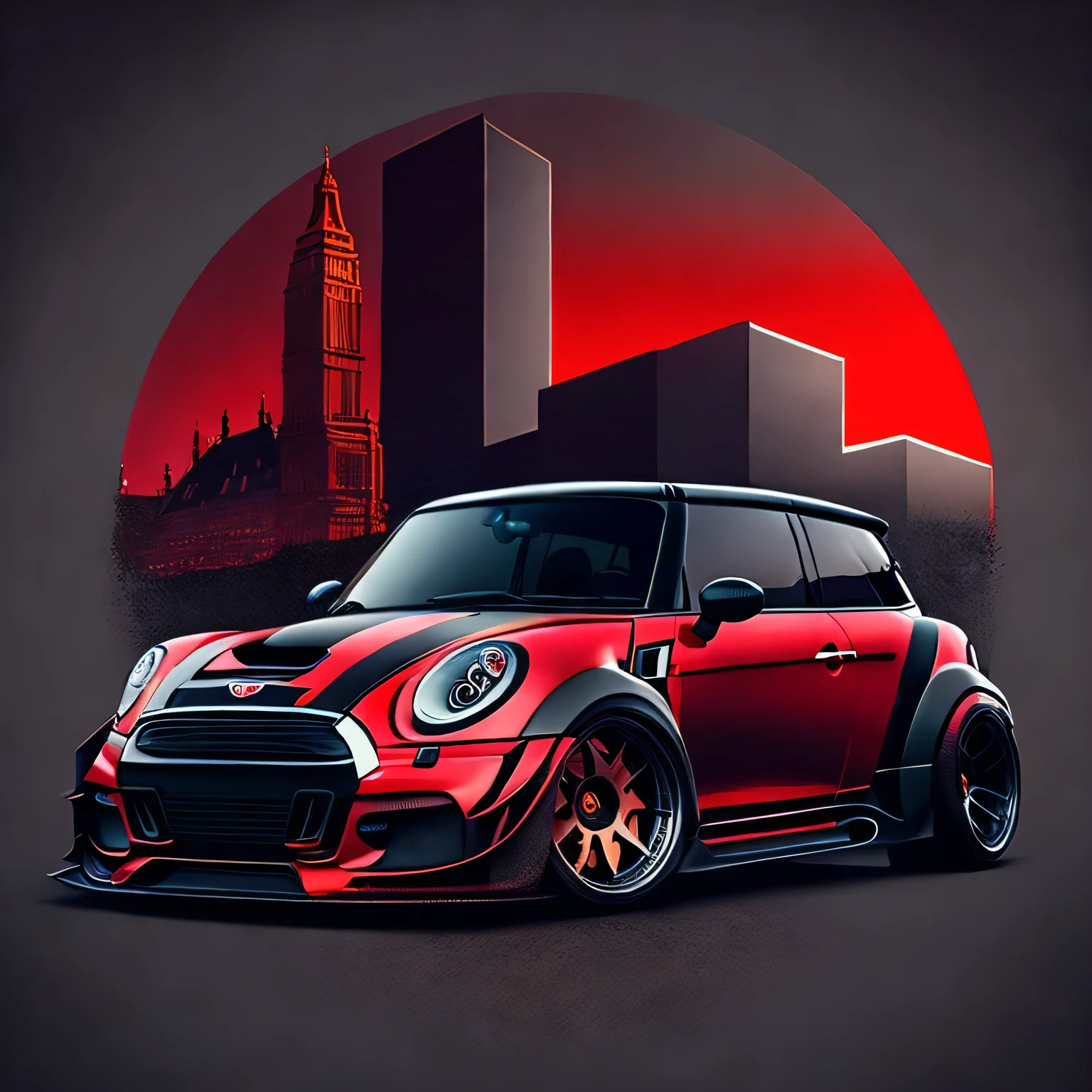 Circle T shirt design, faded background edges, Classic London buildings background, Vibrant colours, Artwork for t-shirt graphic design, bright red coloured F56 Mini Cooper S, impactful colourful paint, highly detailed vibrant colours 64k, sharp high contrast high saturated , aggressive stance, realistic realism sharp detailed ultrawide black and carbon fibre and deep colour scheme side profile epic stance epic ultra wide body kit aggressive looks vector image with faded out backgrounds edge