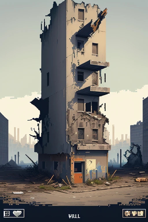 pixel art game style, pixel perfect with 32 colors, angled top-down view, post apocalypse style, damaged walls with graffiti font art