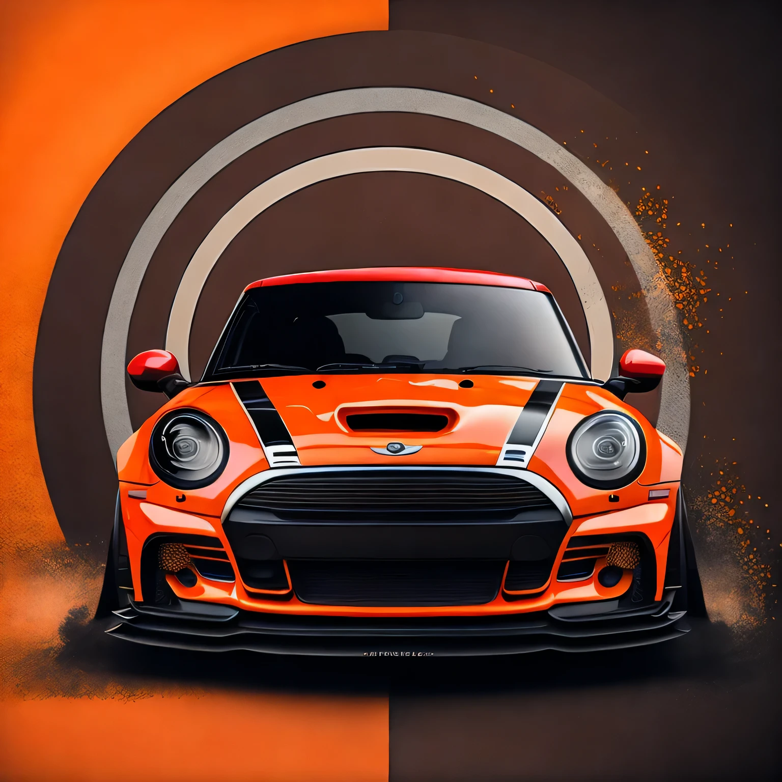 Circle T shirt design, faded background edges, Classic London buildings background, Vibrant colours, Artwork for t-shirt graphic design, bright orange coloured F56 Mini Cooper S, impactful colourful paint, highly detailed vibrant colours 64k, sharp high contrast high saturated , aggressive stance, realistic realism sharp detailed ultrawide black and carbon fibre and deep colour scheme front profile epic stance epic ultra wide body kit aggressive looks vector image with faded out backgrounds edge