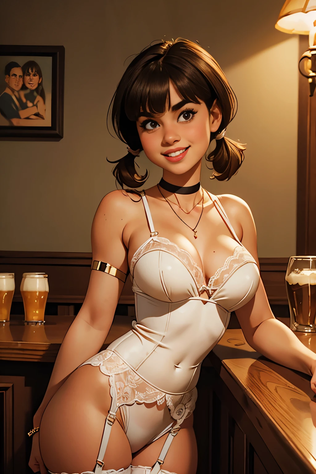Close-up portrait of a brunette age girl, short hair with bangs and a pigtail, wearing white lace lingerie and white thigh high stockings. She is smiling and standing in an Irish pub at night. She wears a bracelet, a choker and a necklace.
